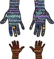 hands of an adult and a child with words