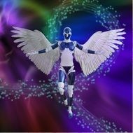 drawn cyborg with white wings on an abstract background