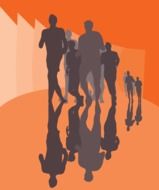 Running people as a silhouettes on orange
