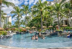 people in the pool near the palm trees in the resort