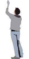 man stands with his back hand up