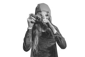 Black and white photo of the girl with the camera