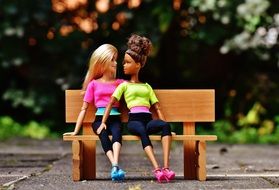 Two girlfriends Barbie dolls on a bench in the park