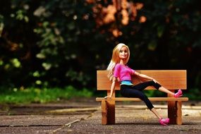 Barbie doll on a wooden bench in the park