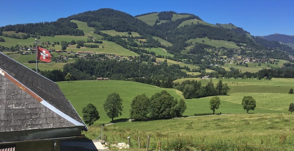 building with flag at green fields in switzerland, gruyÃ¨re
