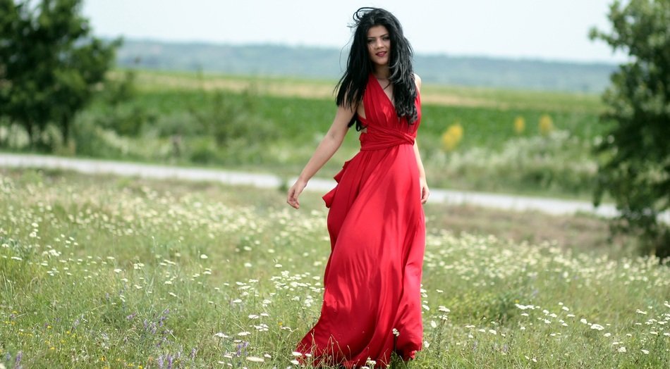 beautiful woman in long red dress