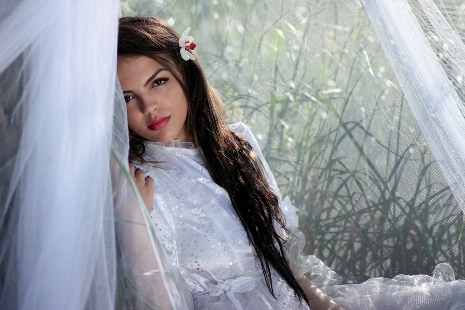 beautiful model in white dress outdoor