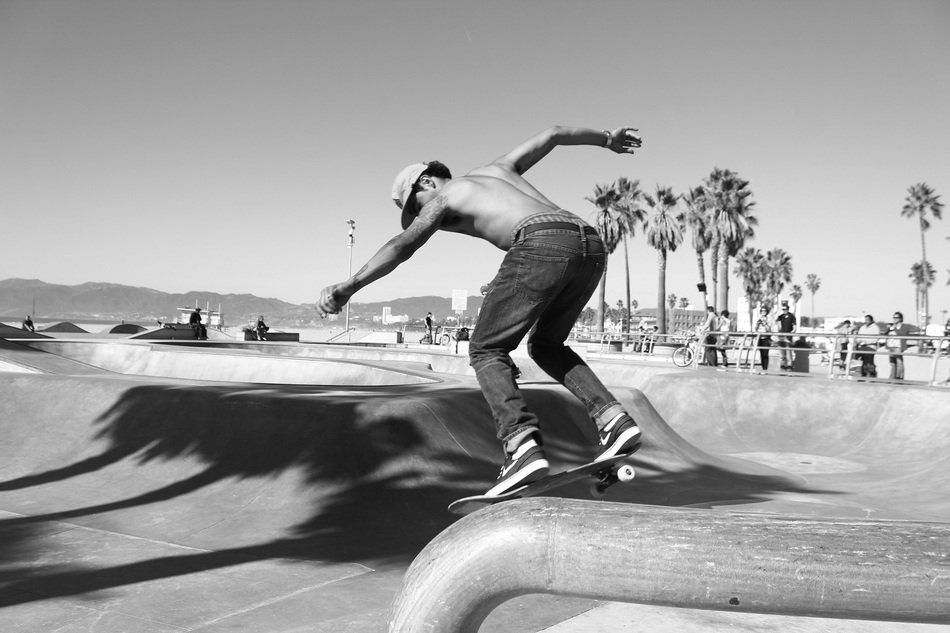 Black and white photo of the skater