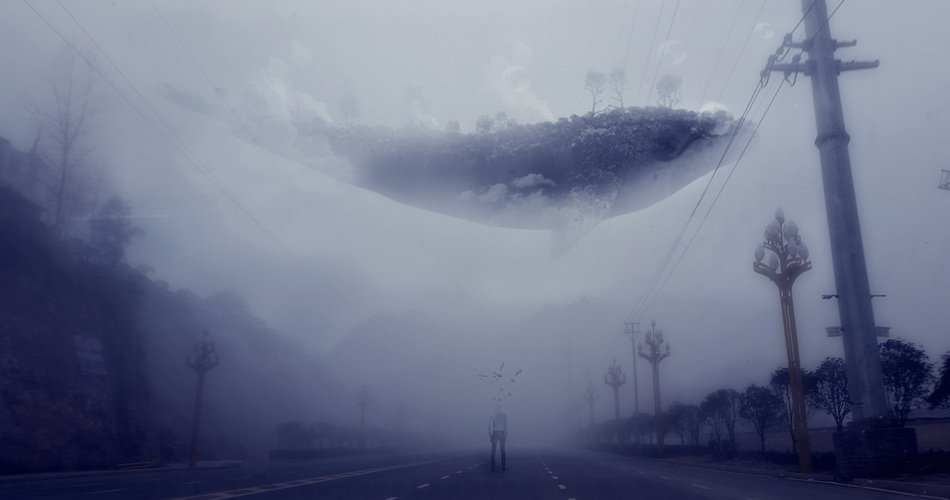 fantastical street with whale in the sky