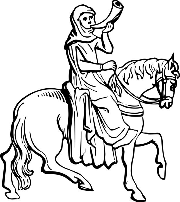 hunter with a horn on a horse as a graphic image