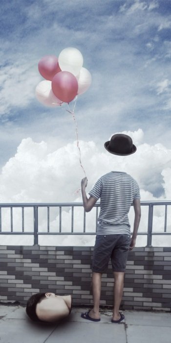 headless character with balloons, digital art