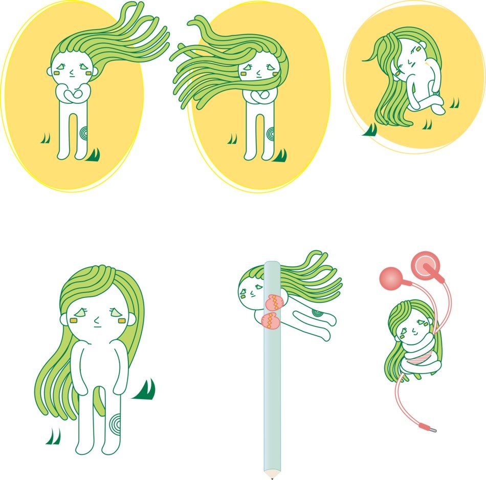 Girls with long green hair, set of Abstract Characters