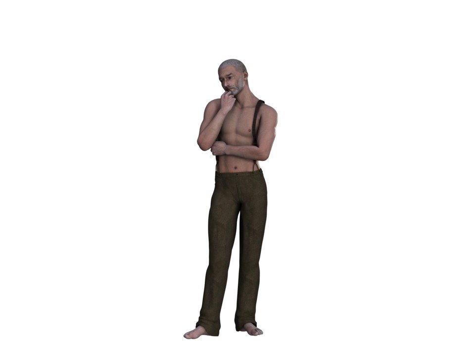 pensive man in slacks and bare-chested at white background