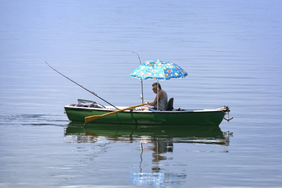 fisherman in a boat under an umbrella on a sunny day