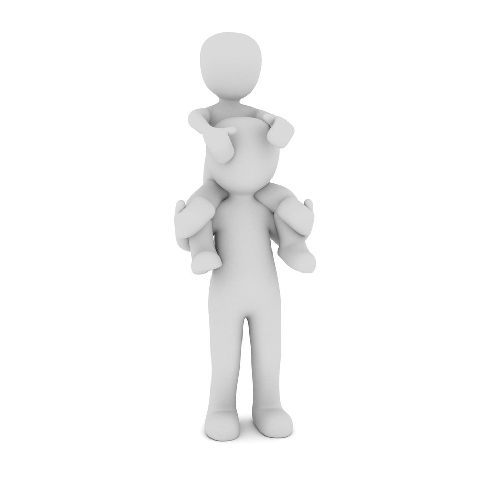 Child on the shoulders of a man on a white background