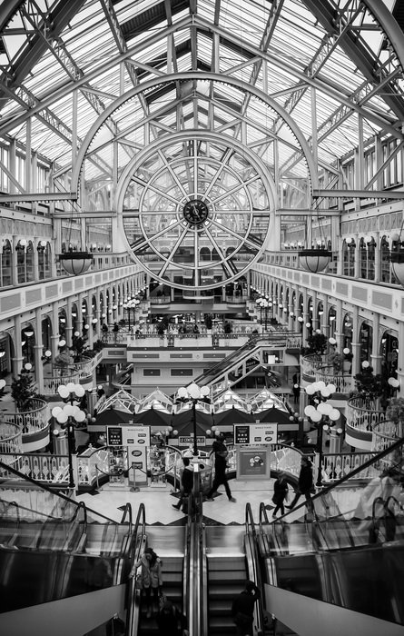 black and white photo of a mall in Ireland