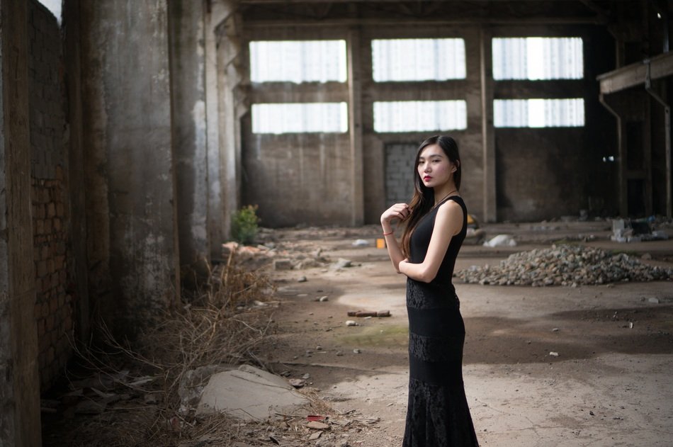 pretty asian model in the abandoned building