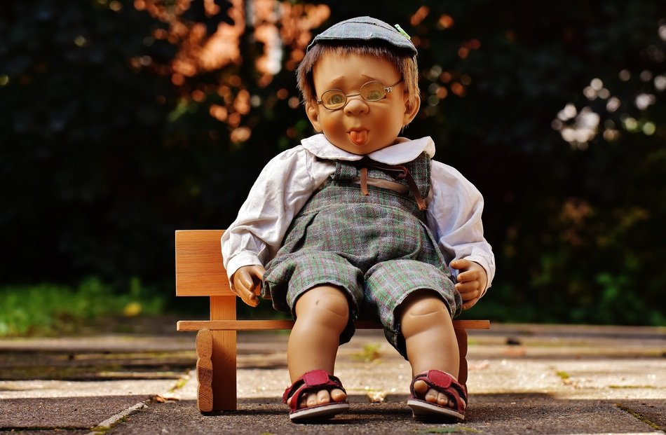 doll with glasses on the bench in the park