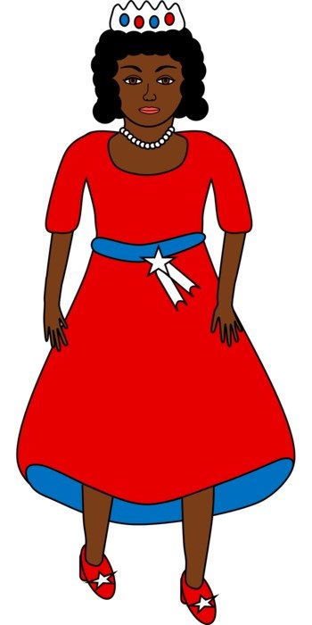 Black girl in the crown and colorful dress drawing at white background