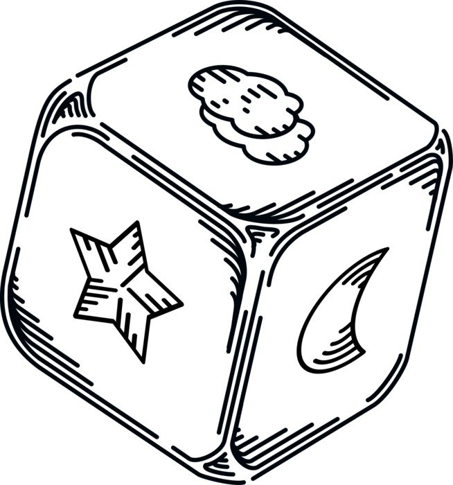 drawn cube with pictures on the edges