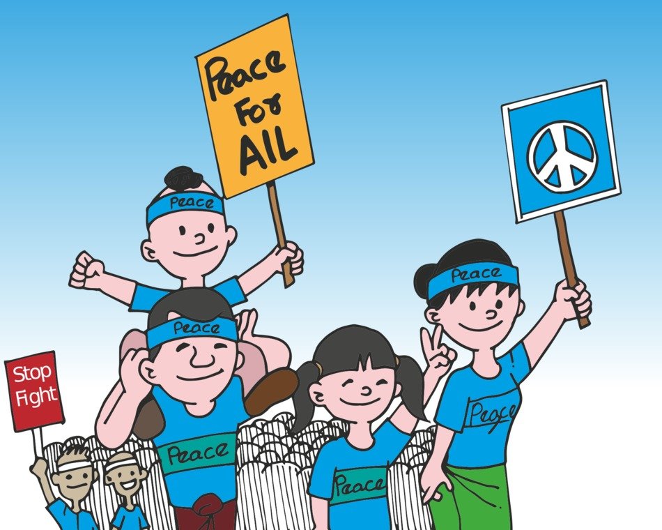 Peace for all, Cartoon family on demonstration