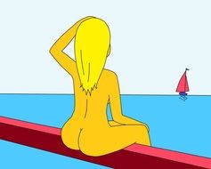 drawing of a girl looking at the ship