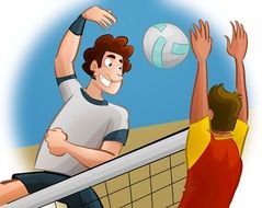 drawn two volleyball players by the net
