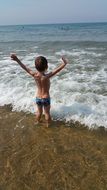 back view of child boy standing in front of sea