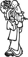 Black and white drawing of the Japanese mother with the infant clipart