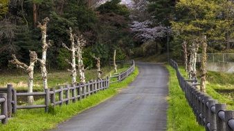 steep road with a fence on the side of the road