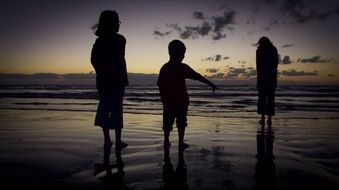 silhouettes of a family on the beach at dusk
