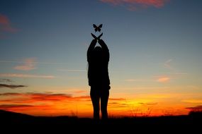 silhouette of a girl with a butterfly on a sunset background