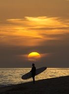 surfer with white board on the shore at sunset
