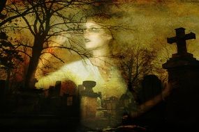 female ghost on cemetery at night, collage