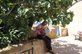 old man reading a newspaper under a tree