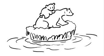 black and white graphic image of a bear with a cub on an ice floe