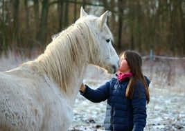 girl and white horse among the winter landscape