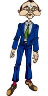 creepy doll in a blue suit drawing on white background