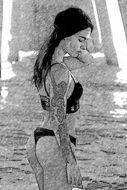Black and white drawing of the girl on the beach