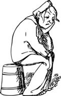 black and white graphic image of a comic character on a bucket