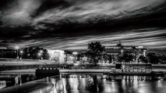 black and white panoramic view of krakow at dusk