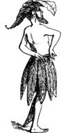 black and white graphic image of a comic character in a skirt with leaves