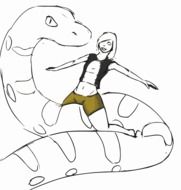drawing of a man on a large snake