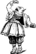 black and white graphic image of a funny fat man with a raised hand