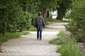 lonely man walks on a trail in a park