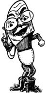 black and white caricature of a man in big glasses on a stump