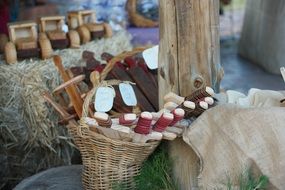 wooden toys in a basket for boys