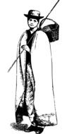 black and white graphic image of a wanderer in a long cloak