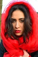 brunette with red scarf