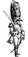 black and white graphic image of a warrior in an old suit